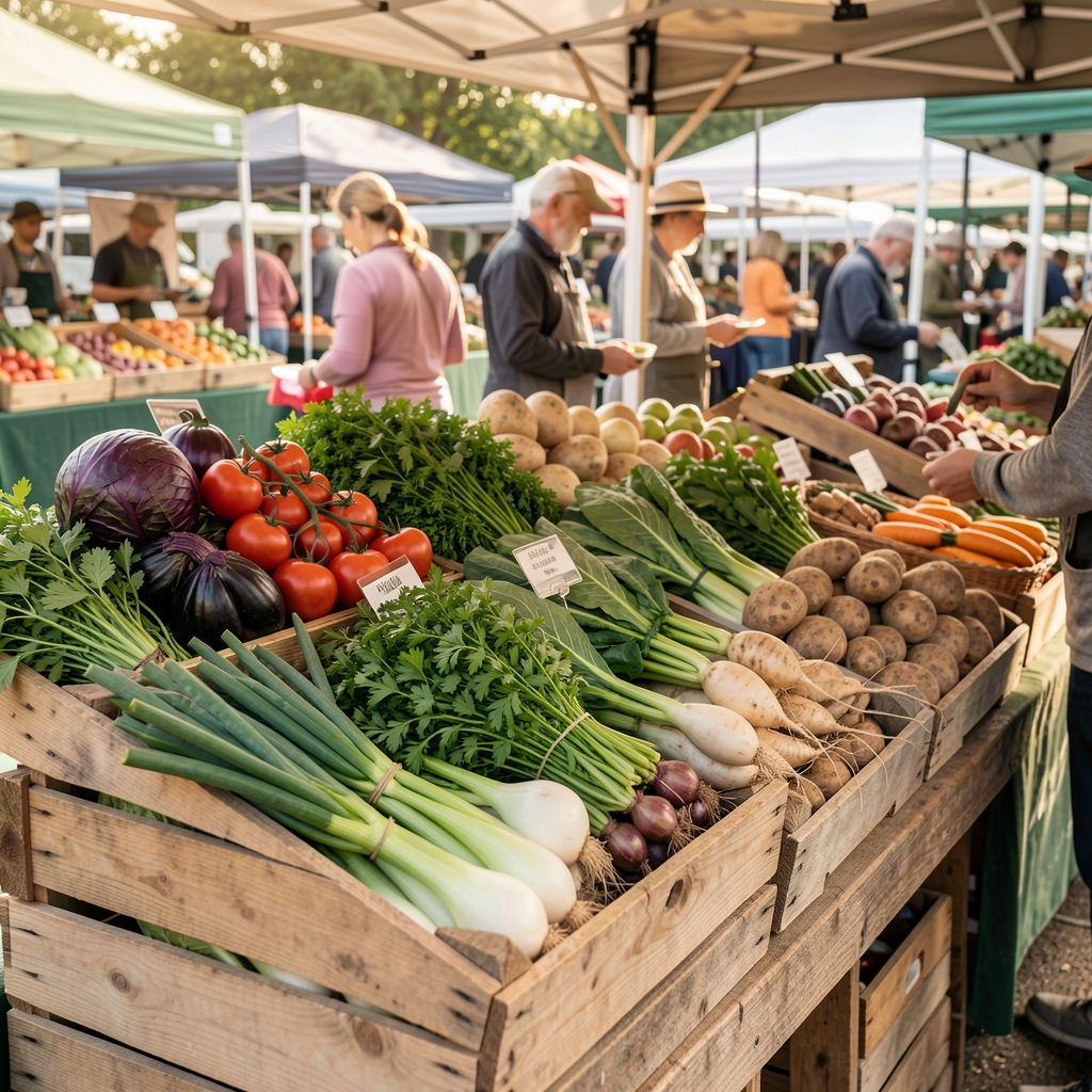 A seasonal farmers market display with fresh vegetables, herbs, and root crops arranged in wooden crates under daylight