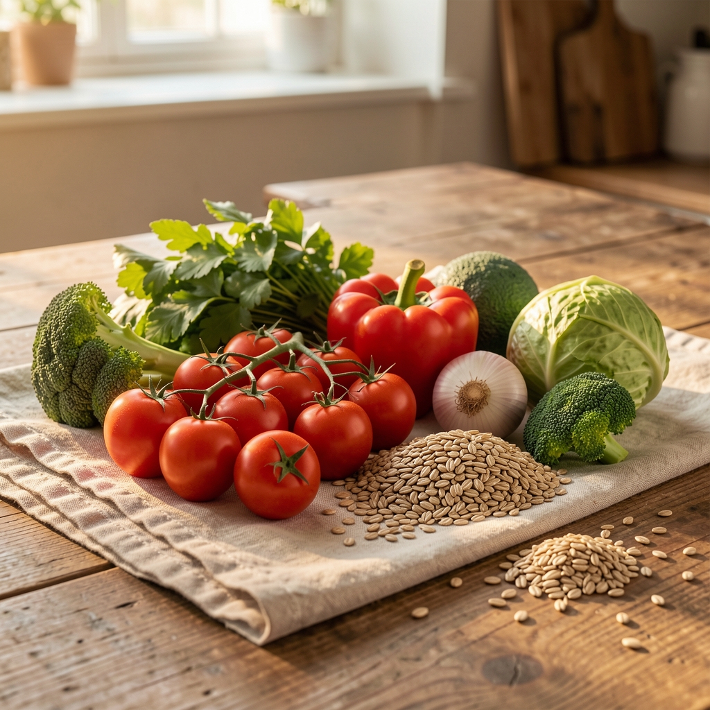 Assorted fresh vegetables and wholegrains arranged on a linen cloth in warm afternoon light on a wooden kitchen surface