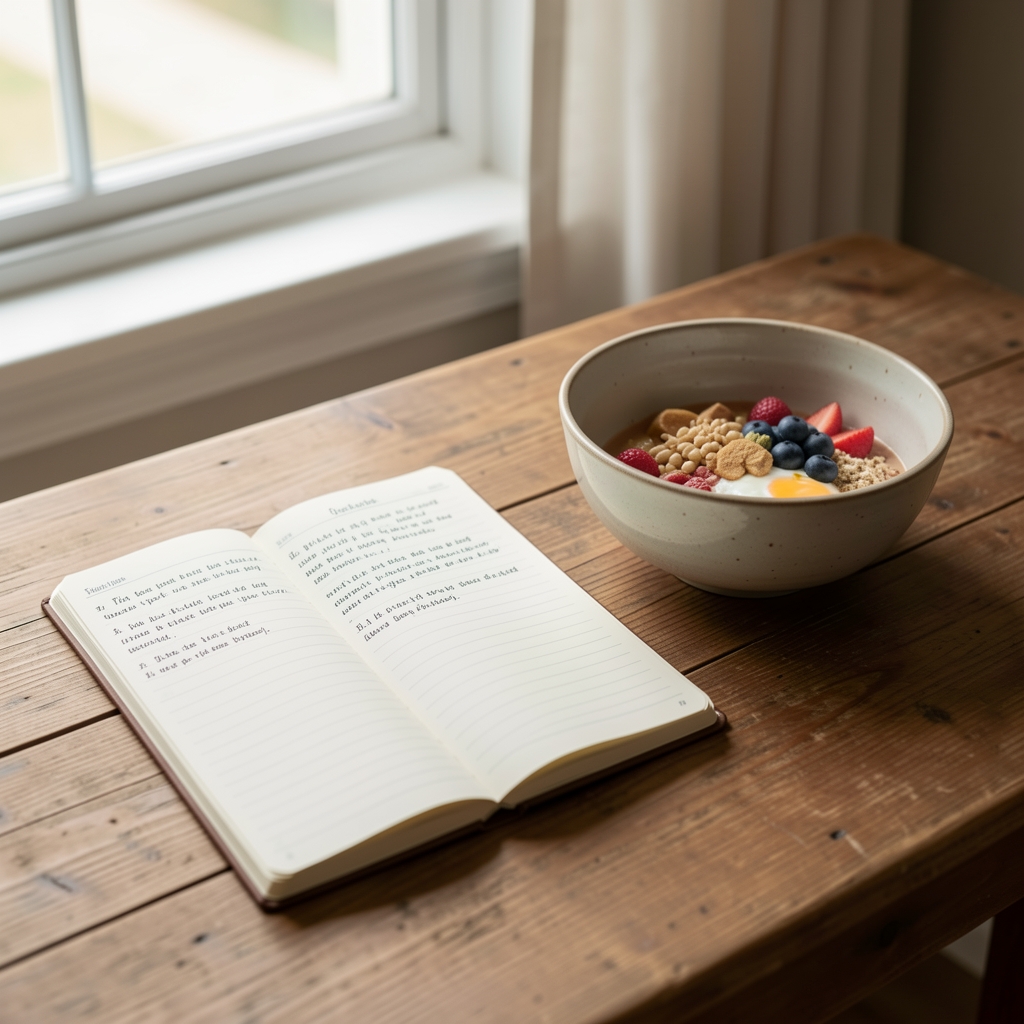 A handwritten food diary notebook open on a table beside a simple breakfast bowl, under diffused morning window light