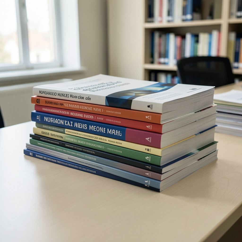 Stack of academic journals and research papers arranged on a pale surface in a quiet editorial office in natural daylight