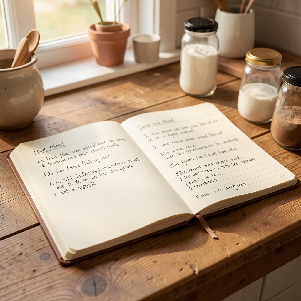 Open notebook with handwritten food and meal entries on a warm wooden kitchen table in soft morning light
